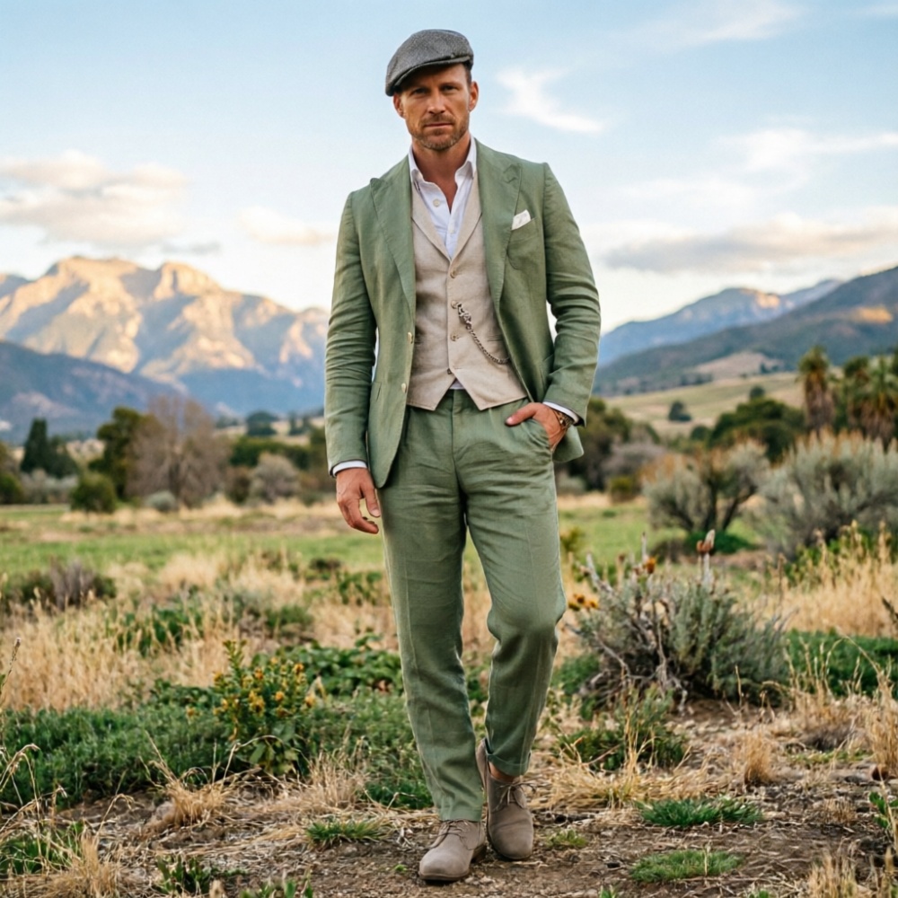 Men Formal Party Wear Outfit - Sage Green Linen Men 3 Piece