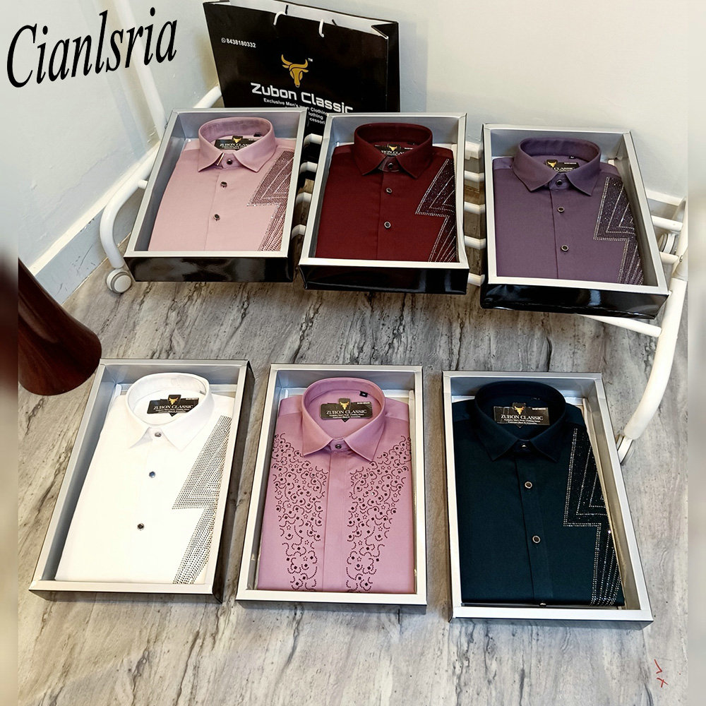Men Formal Party Wear Shirt - Men Luxury One‑Side Geometric V Rhinestone