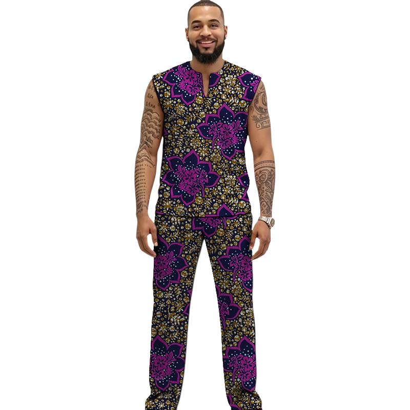 Men Formal Party Wear Outfit - African Print Couture Tank Top+Trouser Men's