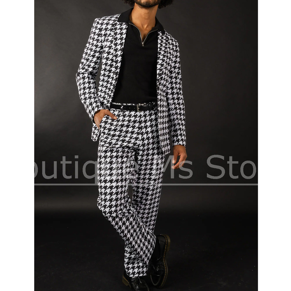 Men Formal Wear With Blazer - Black White Houndstooth Men's Suit Slim