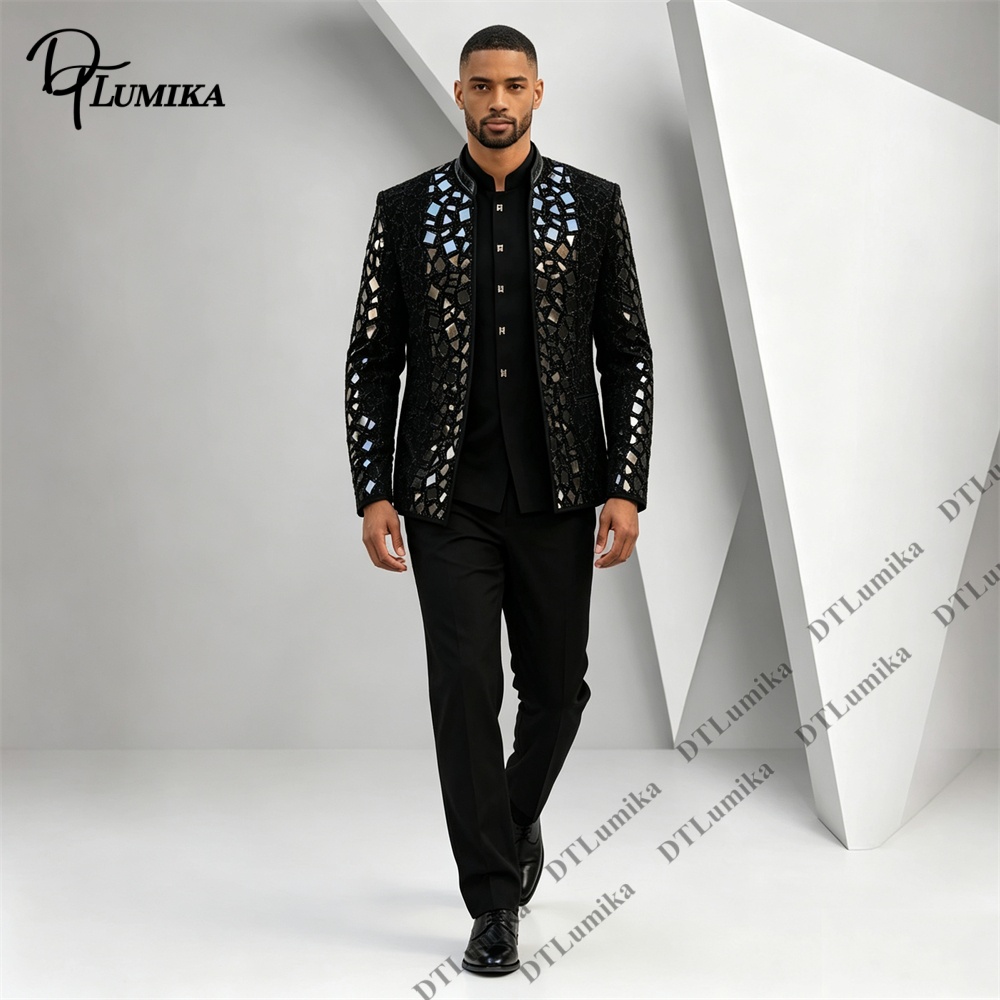 Men Black Mandarin Collar Suit - Men Formal Wear Office review and price