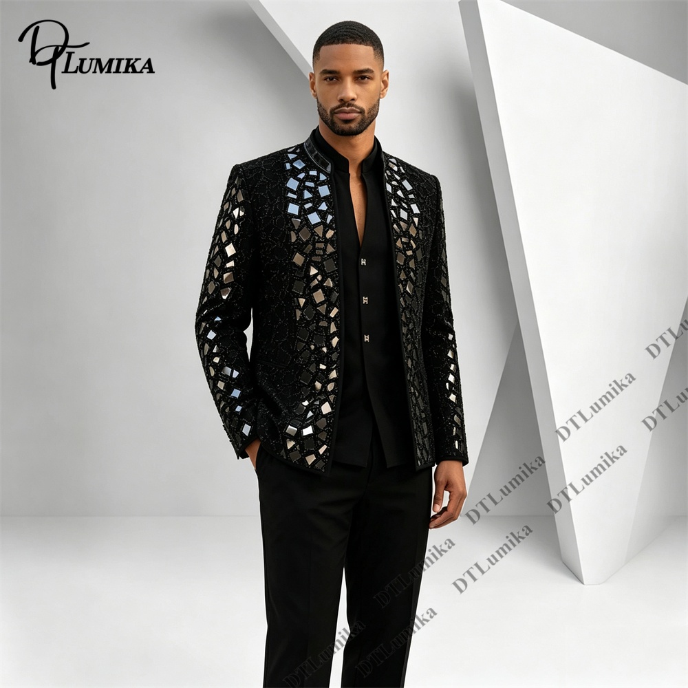 Men Black Mandarin Collar Suit - Men Formal Wear Office review and price